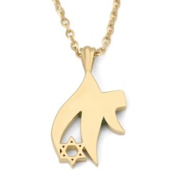 14K Gold Star of David and Eilat Stone Chai Pendant Necklace