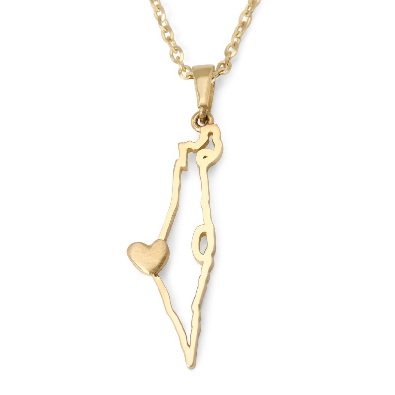 Collier pendentif carte d'Israël en or 14 carats avec cœur pour femme