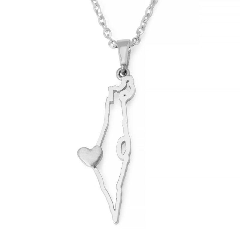 Collier pendentif carte d'Israël en or 14 carats avec cœur pour femme
