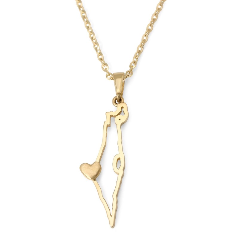 14K Gold Map of Israel with Heart Women's Pendant Necklace