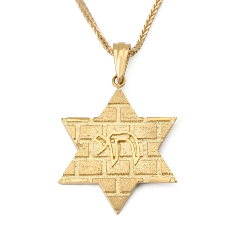 14K Gold Star of David Pendant with Western Wall Design and Chai