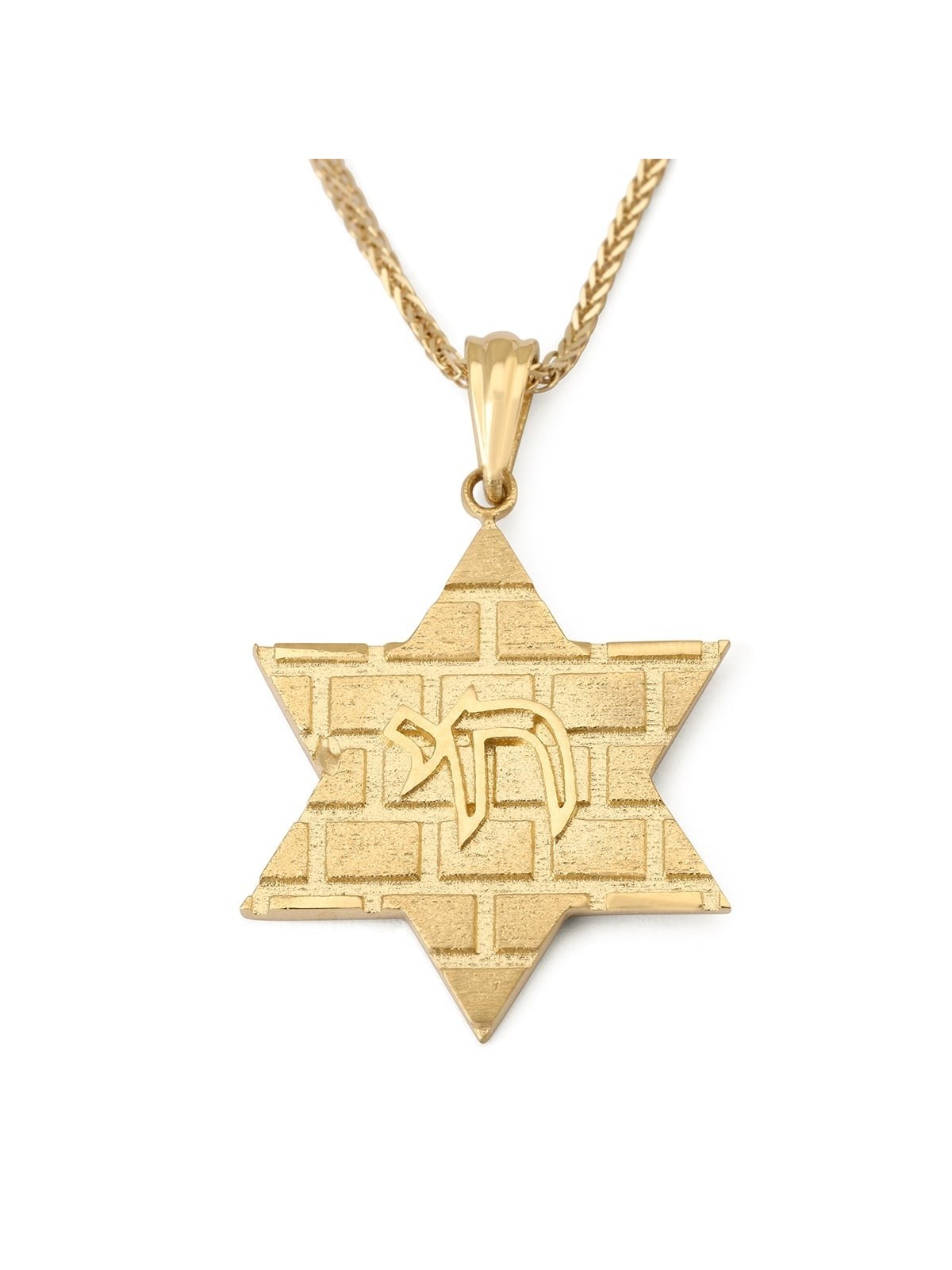 Pendentif étoile de David en or 14 carats avec motif mur Occidental et Chai