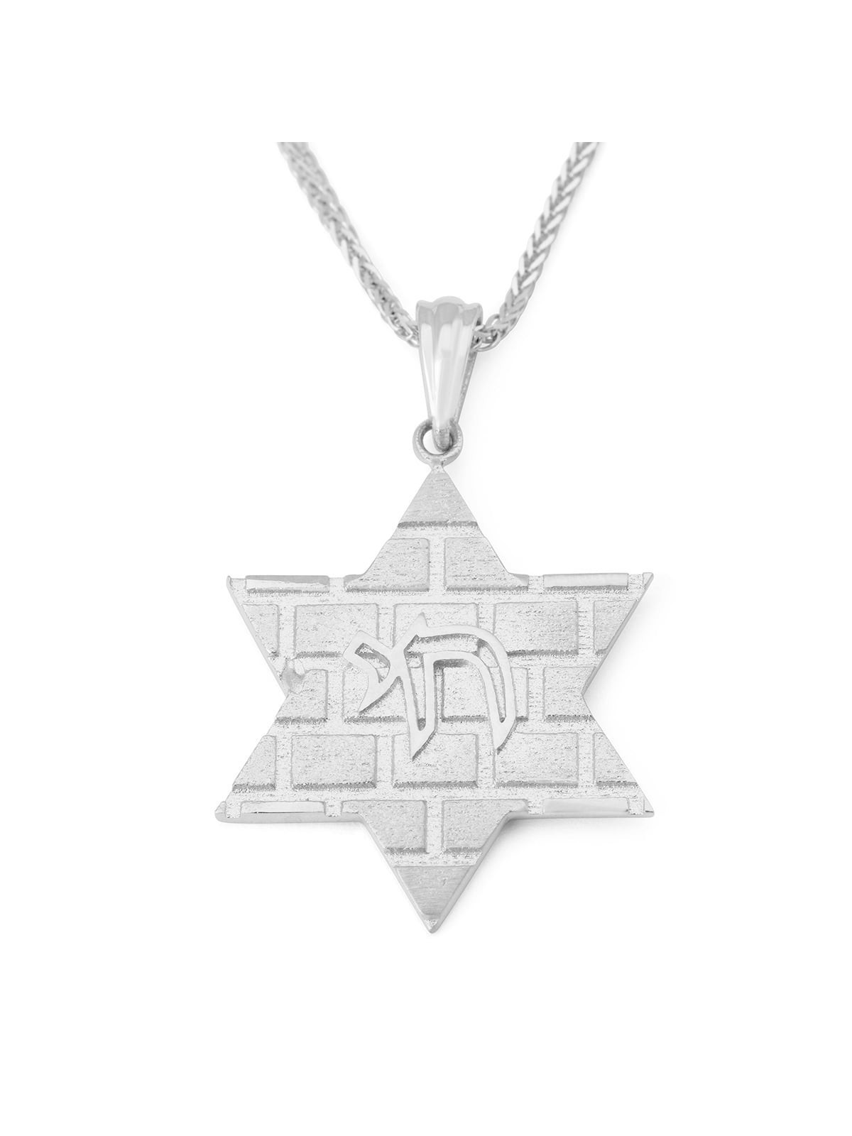 14K Gold Star of David Pendant with Western Wall Design and Chai