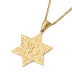 14K Gold Star of David Pendant with Western Wall Design and Chai