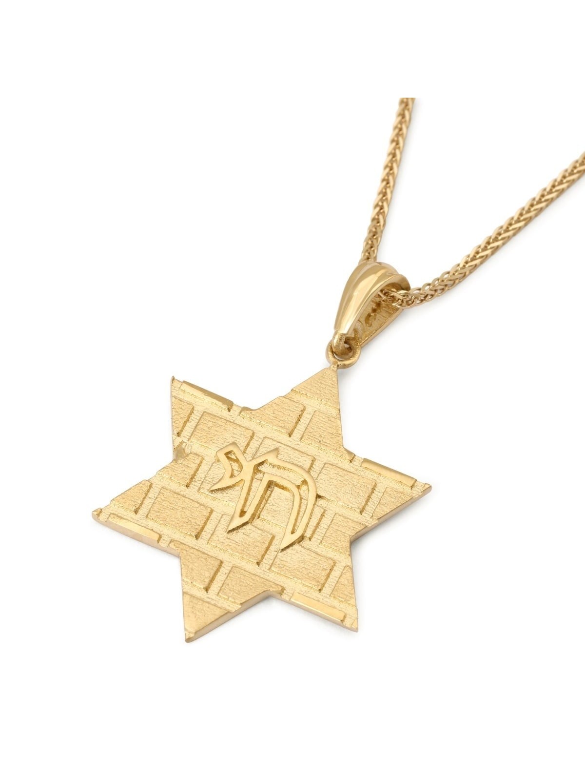 14K Gold Star of David Pendant with Western Wall Design and Chai