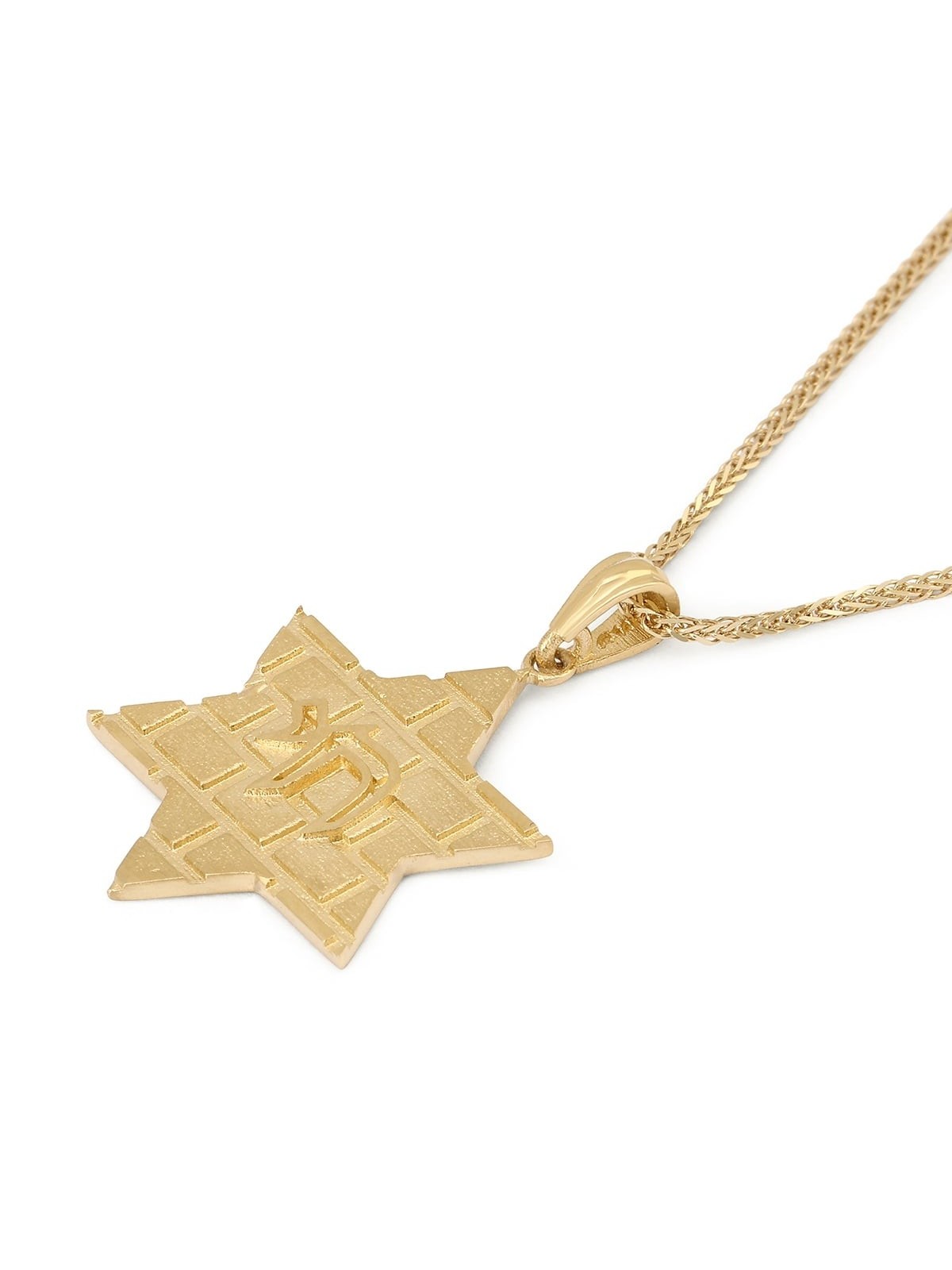 14K Gold Star of David Pendant with Western Wall Design and Chai