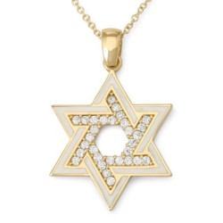14K Gold and White Enamel Star of David Pendant with Cubic Zirconia St