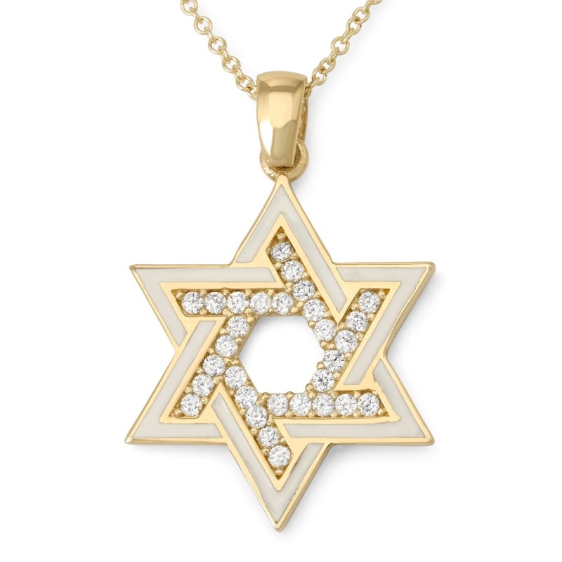 Pendentif étoile de David en or 14 carats et émail blanc avec zircone cubique St