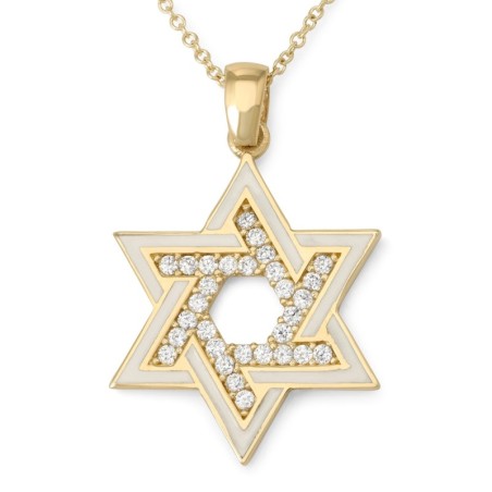 14K Gold and White Enamel Star of David Pendant with Cubic Zirconia St