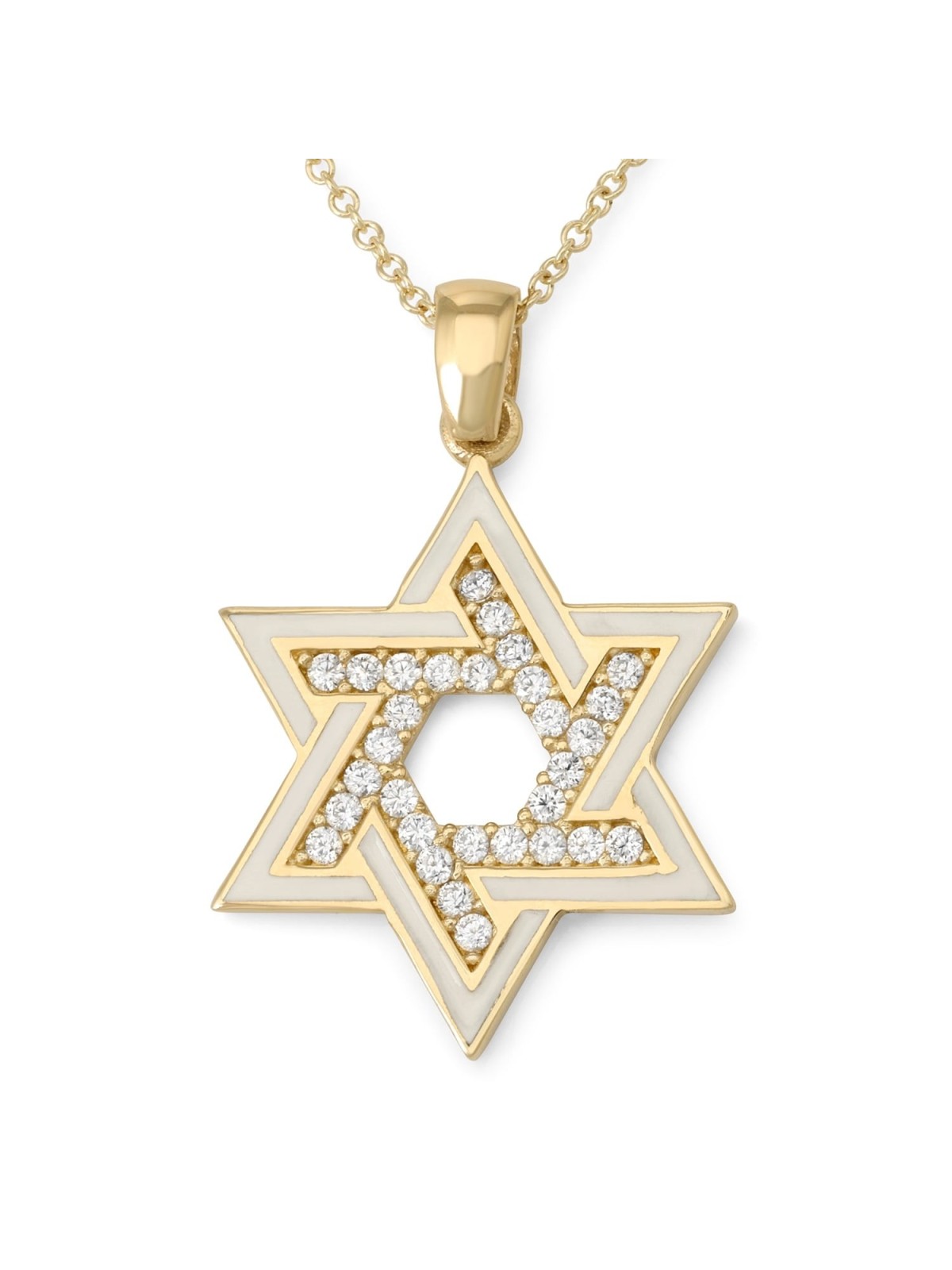 14K Gold and White Enamel Star of David Pendant with Cubic Zirconia St