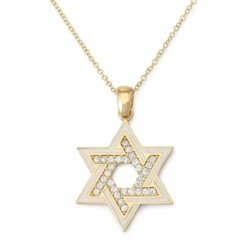 14K Gold and White Enamel Star of David Pendant with Cubic Zirconia St