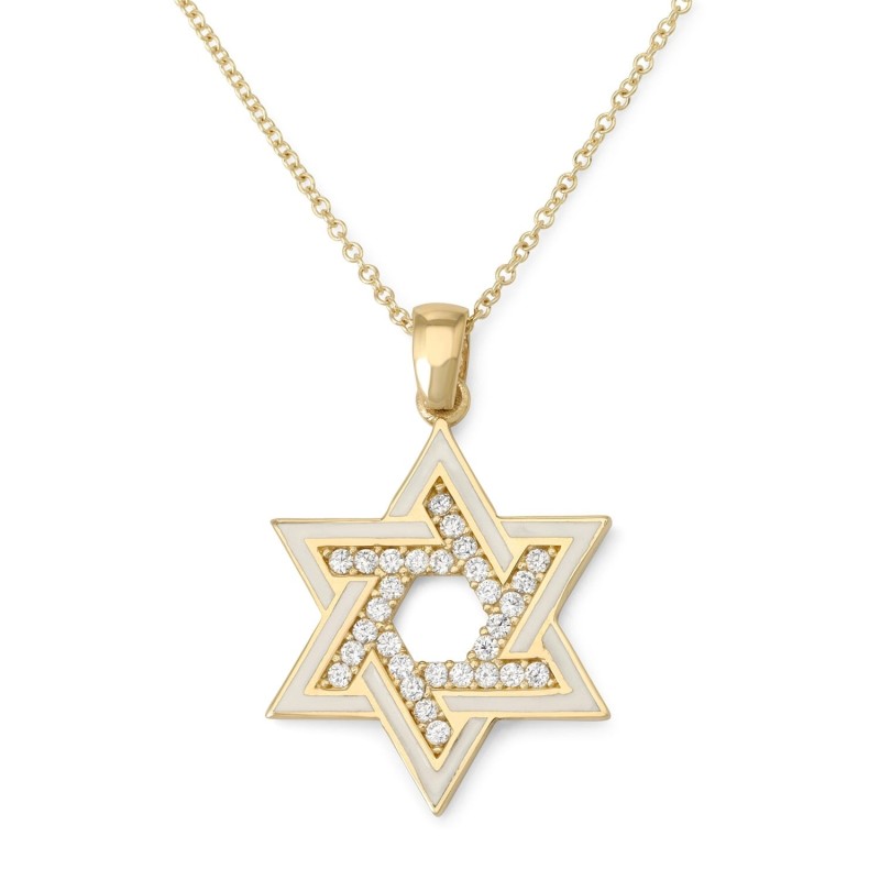 14K Gold and White Enamel Star of David Pendant with Cubic Zirconia St
