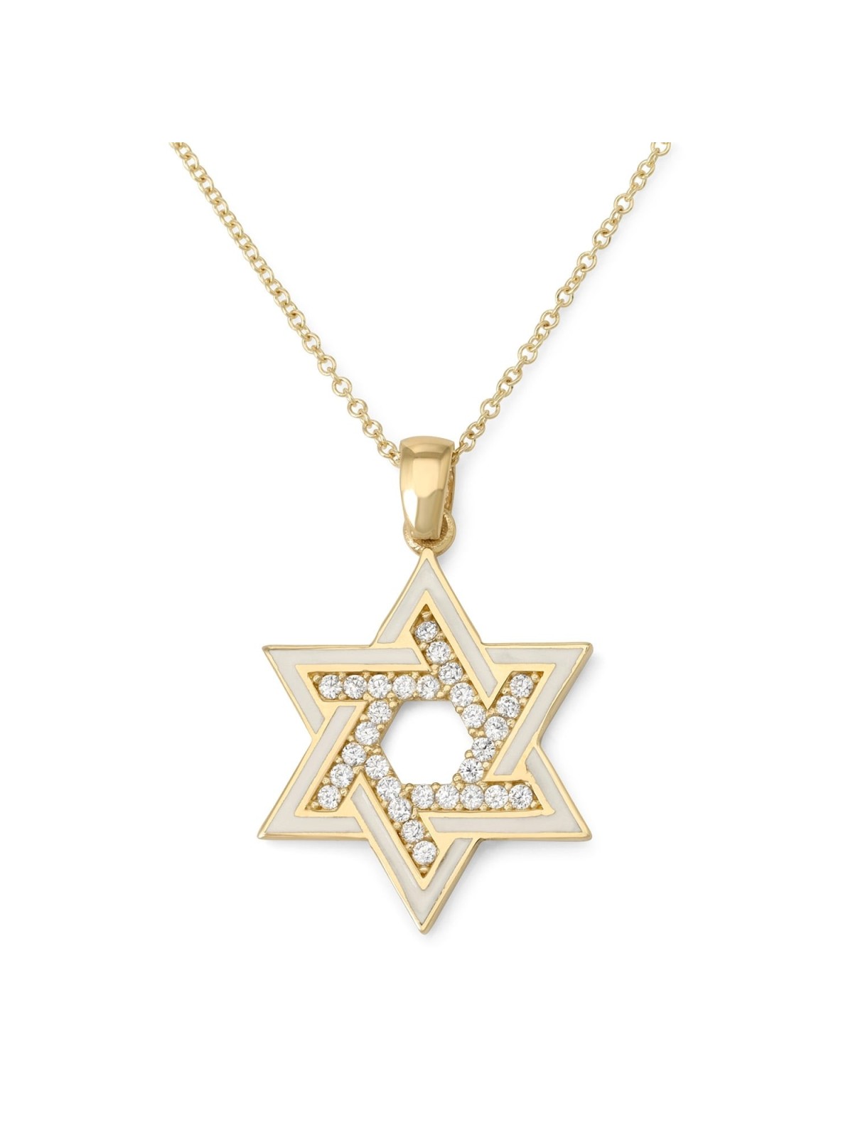 14K Gold and White Enamel Star of David Pendant with Cubic Zirconia St