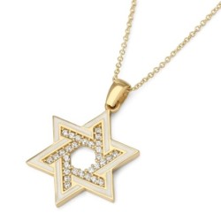 14K Gold and White Enamel Star of David Pendant with Cubic Zirconia St