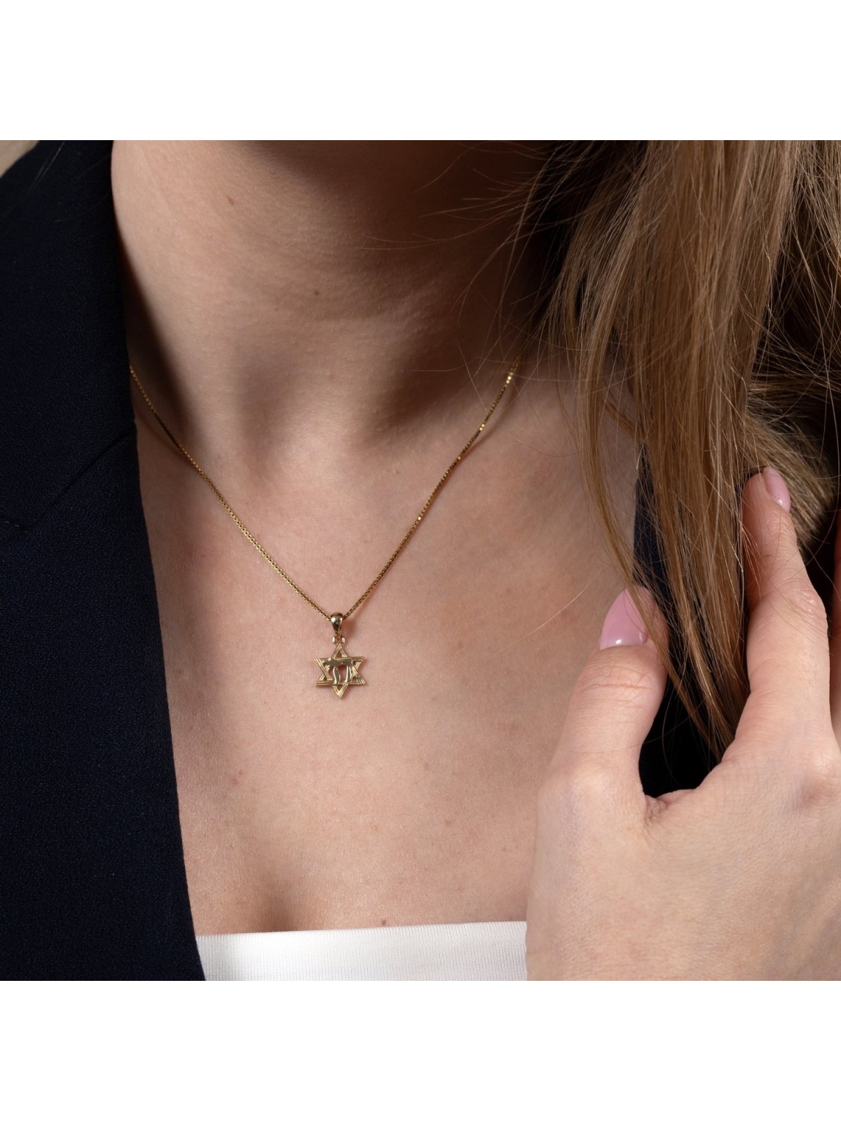 14K Yellow Gold Lined Star of David and Chai Pendant