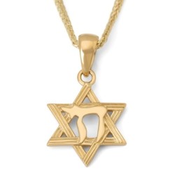 14K Yellow Gold Lined Star of David and Chai Pendant