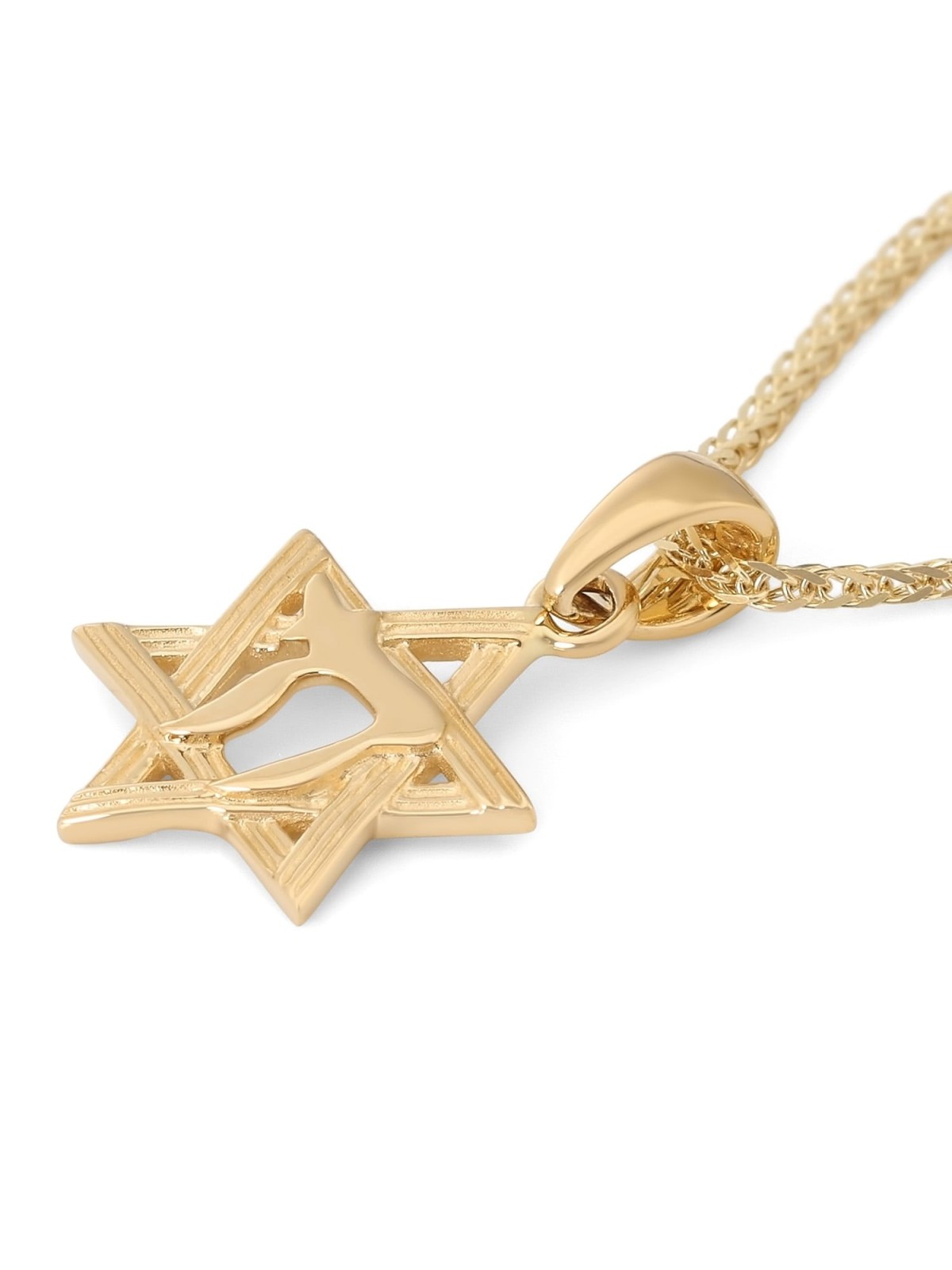 14K Yellow Gold Lined Star of David and Chai Pendant
