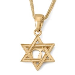 14K Yellow Gold Lined Star of David and Chai Pendant