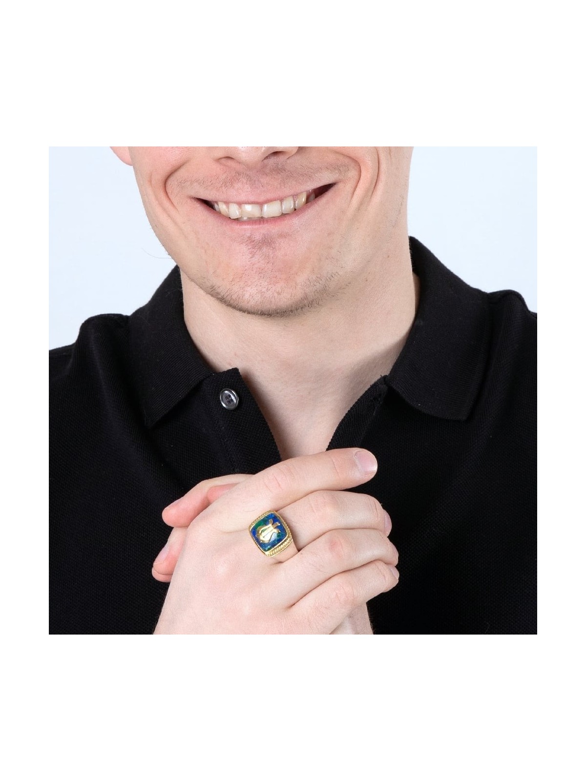 Sterling Silver and Gold Plated David's Harp Men's Ring with Eilat Sto