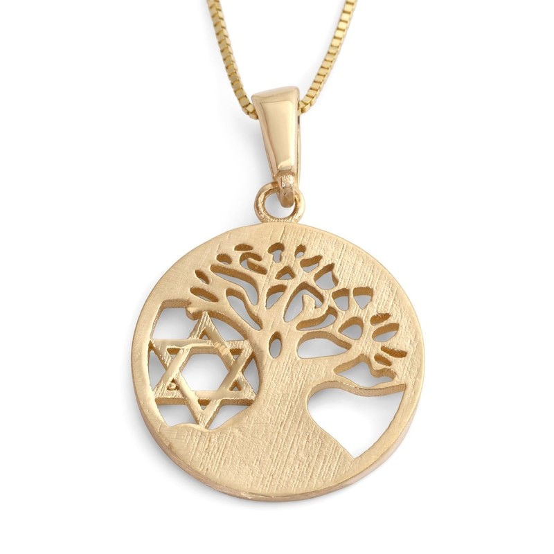 14K Gold Tree of Life and Star of David Pendant Necklace (Choice of Co