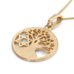 14K Gold Tree of Life and Star of David Pendant Necklace (Choice of Co