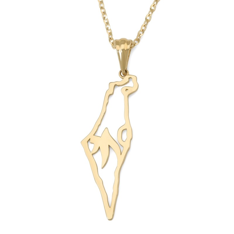 Grand pendentif carte d’Israël en or 14 carats avec Chai - Unisexe - Jaune ou Wh