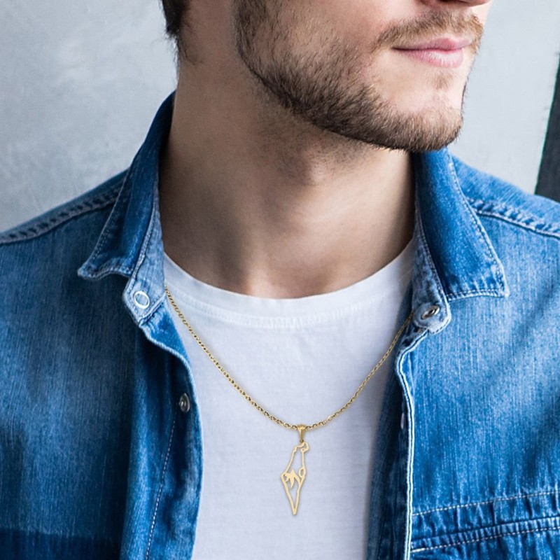 Grand pendentif carte d’Israël en or 14 carats avec Chai - Unisexe - Jaune ou Wh