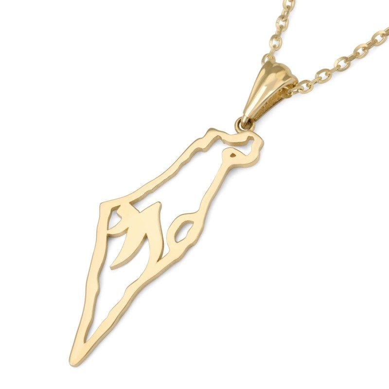 Large 14K Gold Map of Israel Pendant with Chai - Unisex - Yellow or Wh