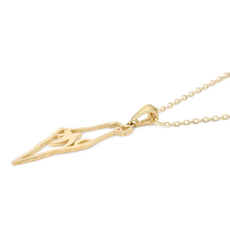 Grand pendentif carte d’Israël en or 14 carats avec Chai - Unisexe - Jaune ou Wh