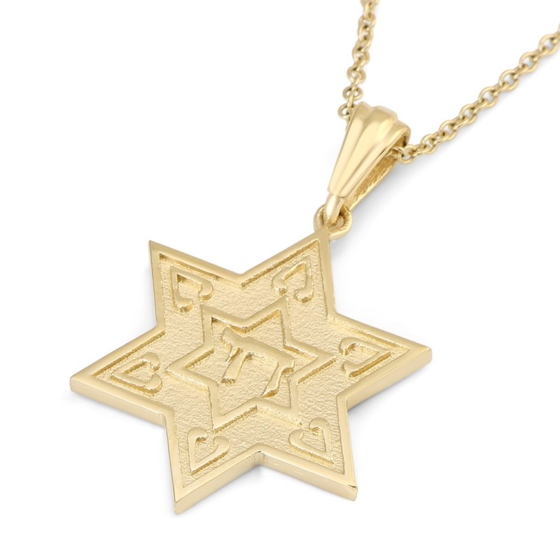 14K Gold Solid Star of David Pendant with Raised Chai