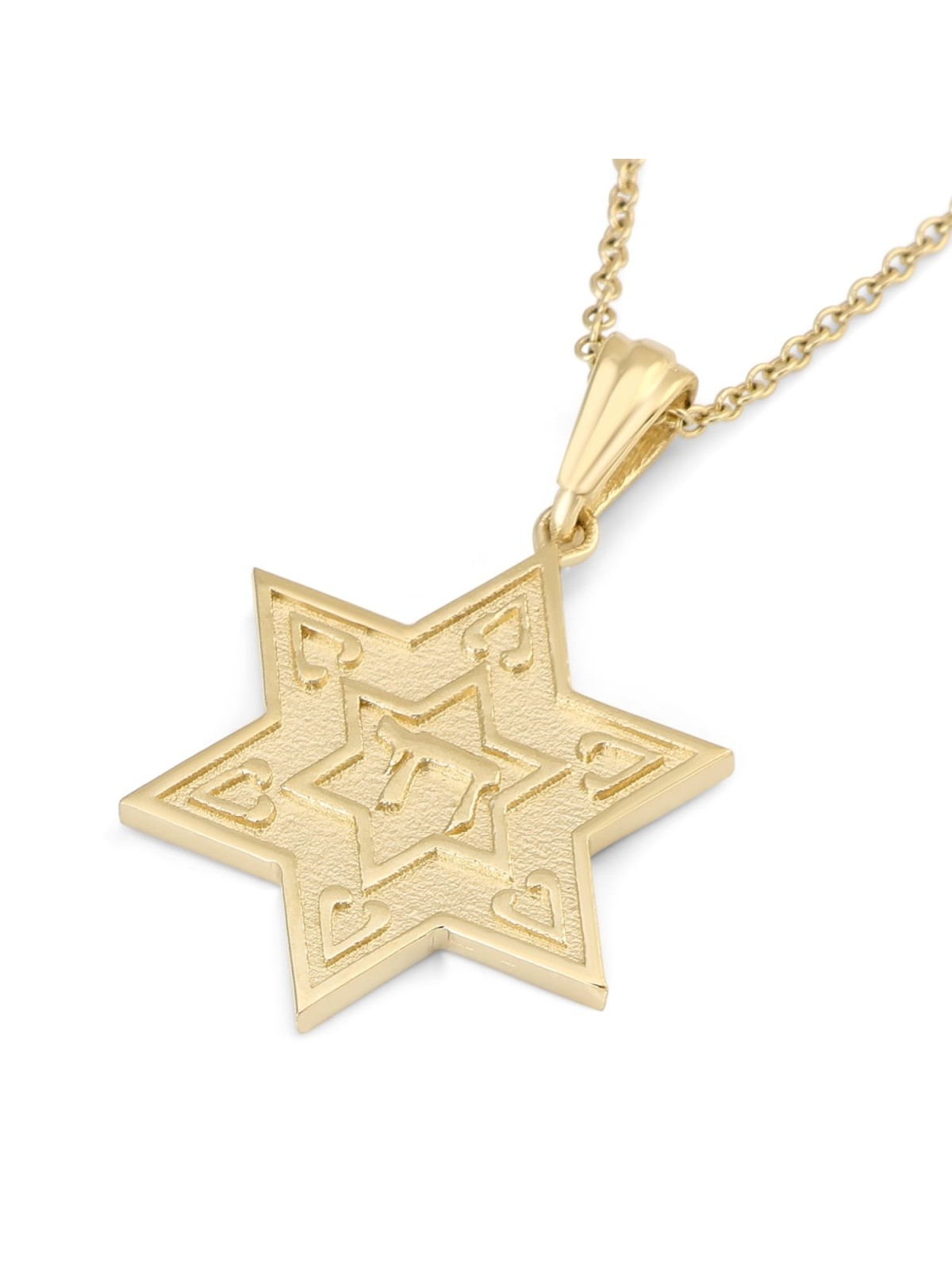 Pendentif étoile de David en or massif 14 carats avec Chai surélevé