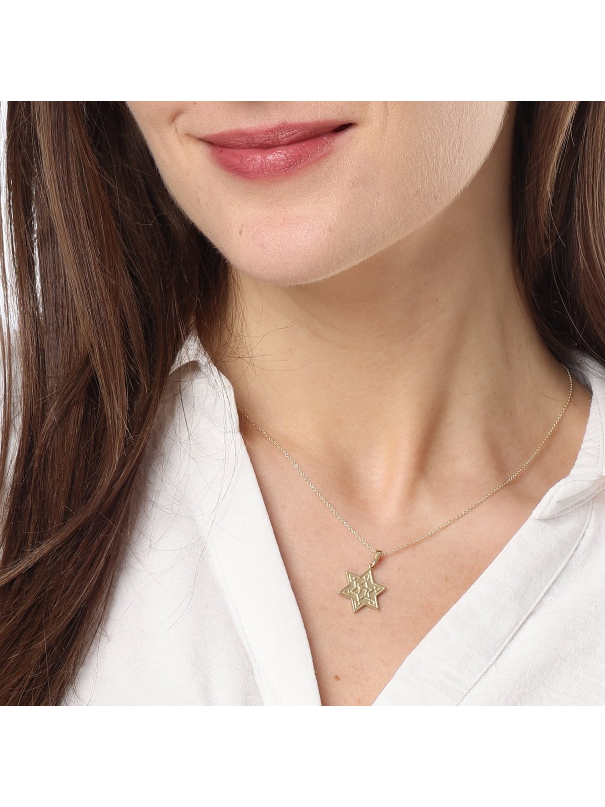 14K Gold Solid Star of David Pendant with Raised Chai