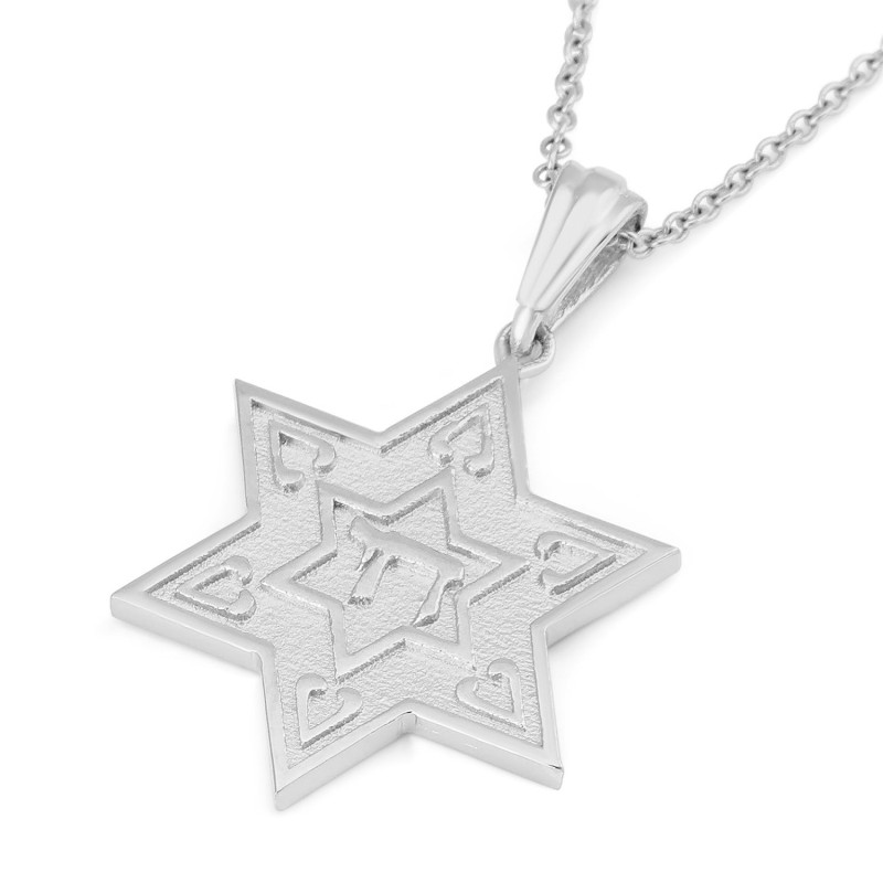 Pendentif étoile de David en or massif 14 carats avec Chai surélevé