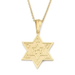 14K Gold Solid Star of David Pendant with Raised Chai