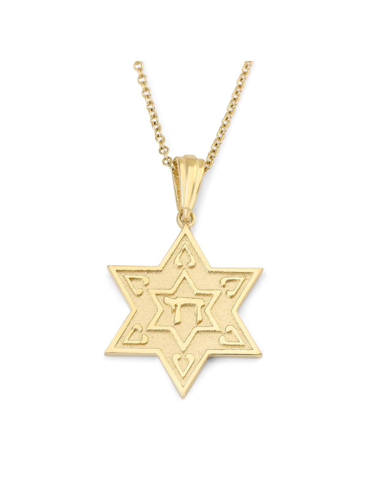 14K Gold Solid Star of David Pendant with Raised Chai