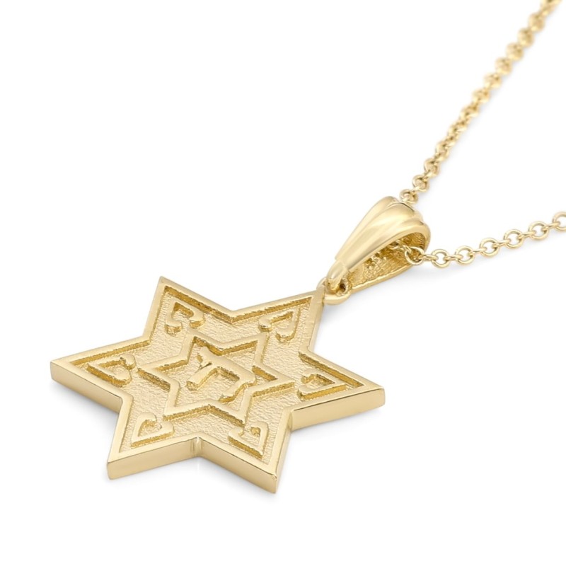 Pendentif étoile de David en or massif 14 carats avec Chai surélevé