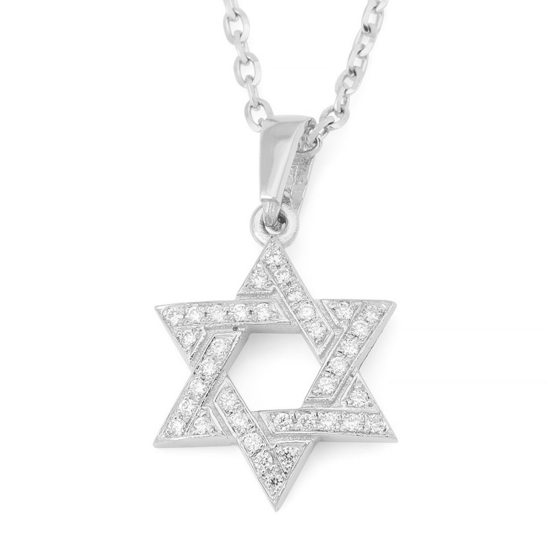 Collier à pendentif étoile de David entrelacée en or 14 carats avec diamants