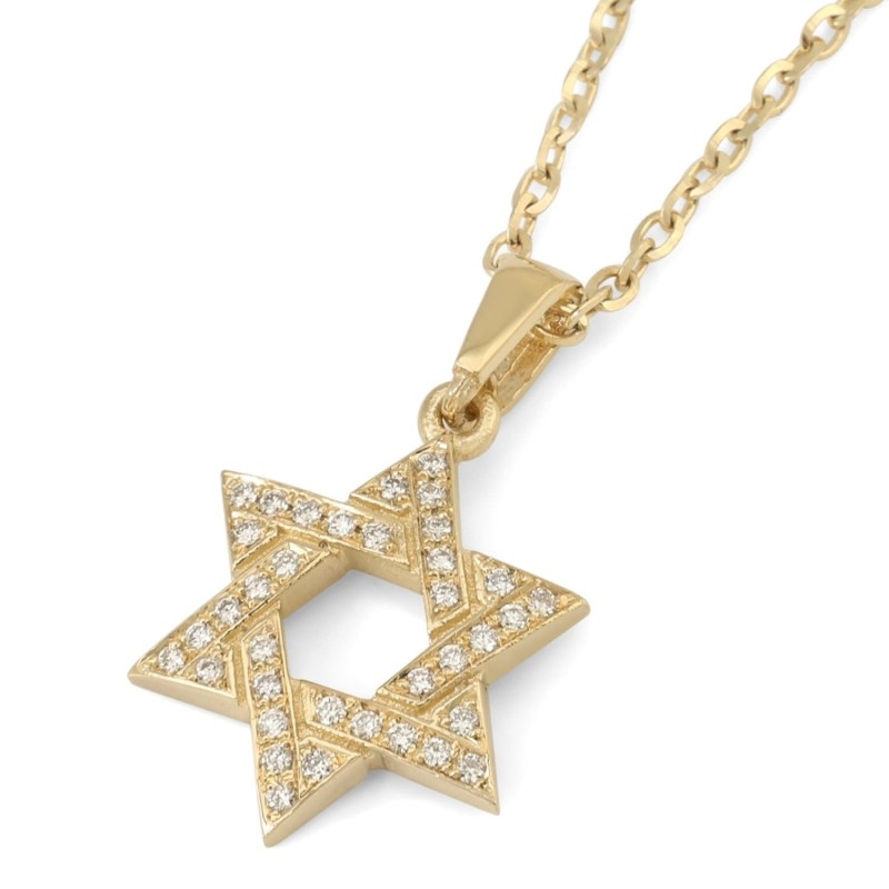 Collier à pendentif étoile de David entrelacée en or 14 carats avec diamants