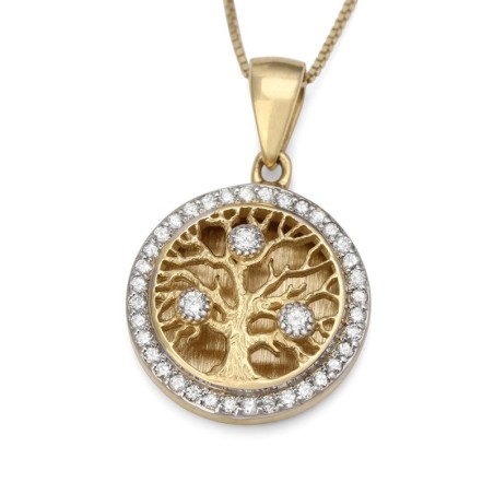 Collier à pendentif arbre de vie rond en or 14 carats avec diamants