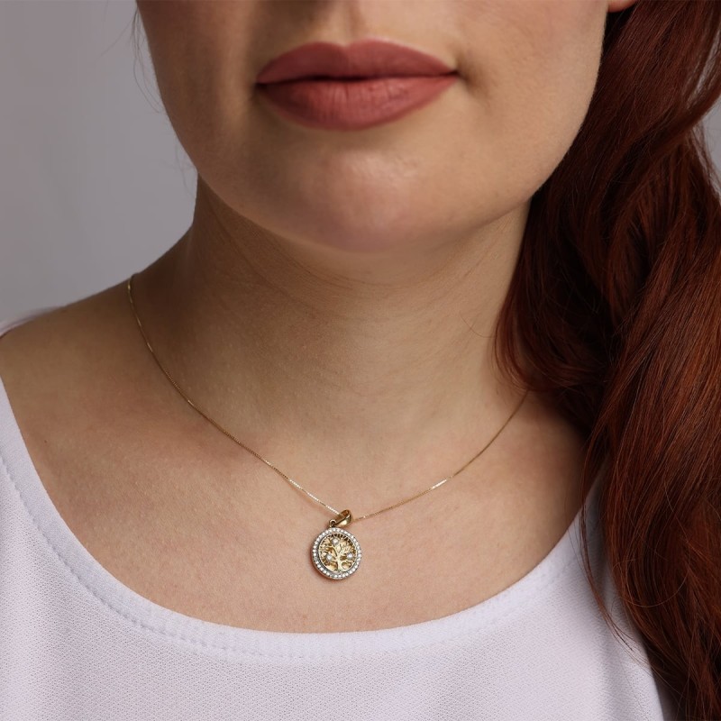 Collier à pendentif arbre de vie rond en or 14 carats avec diamants