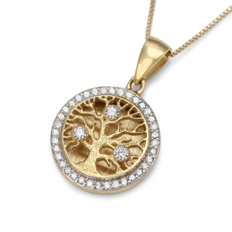 Collier à pendentif arbre de vie rond en or 14 carats avec diamants