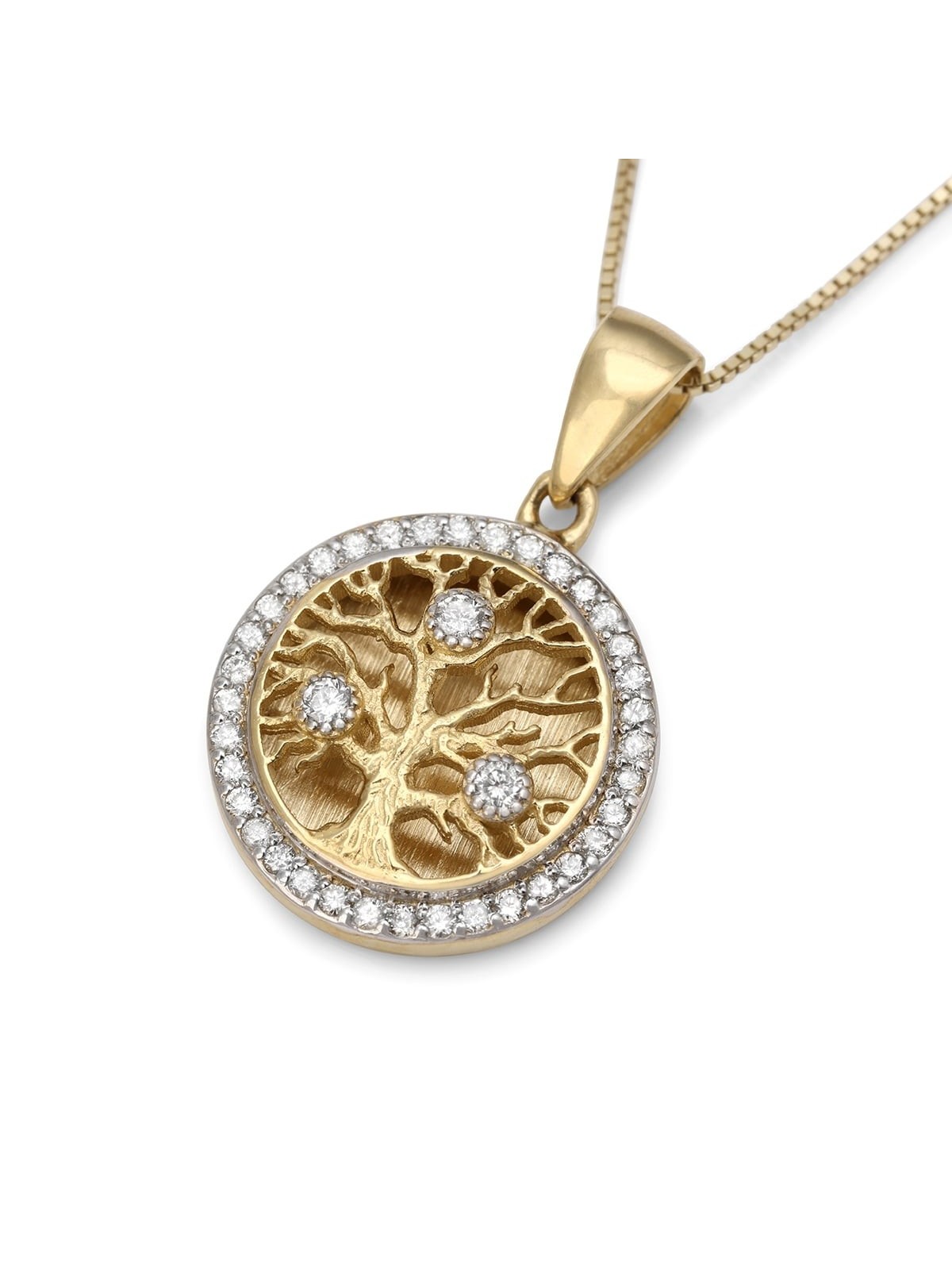 Collier à pendentif arbre de vie rond en or 14 carats avec diamants