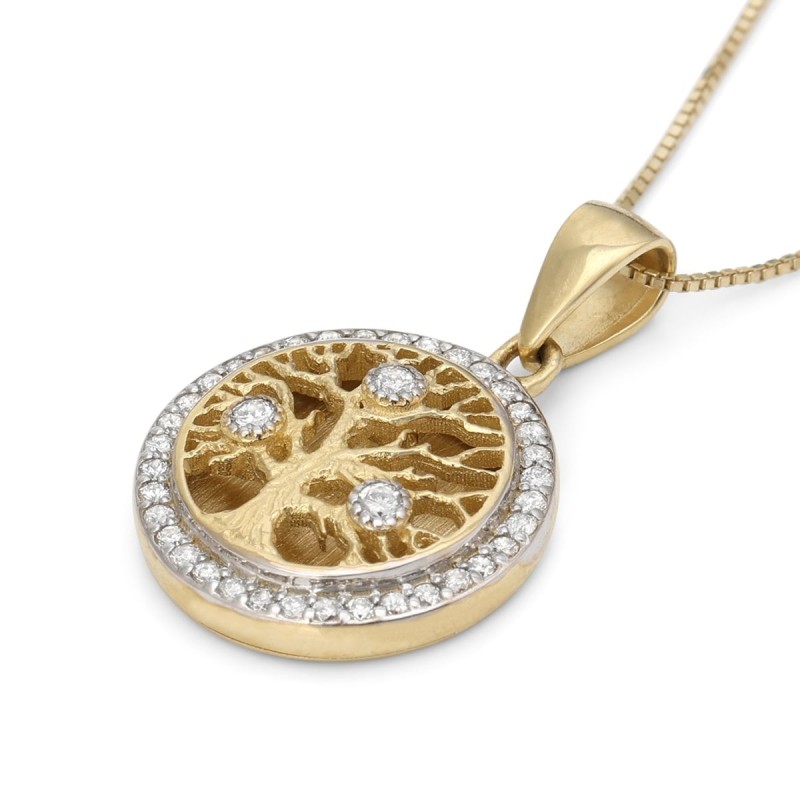 Collier à pendentif arbre de vie rond en or 14 carats avec diamants