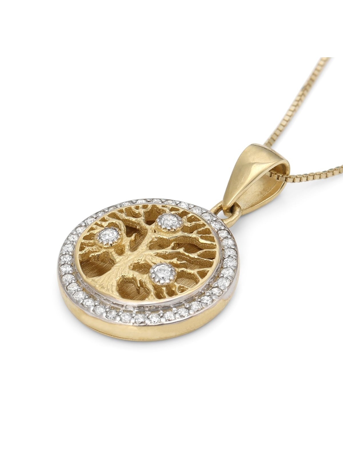 14K Gold Round Tree of Life Pendant Necklace With Diamonds