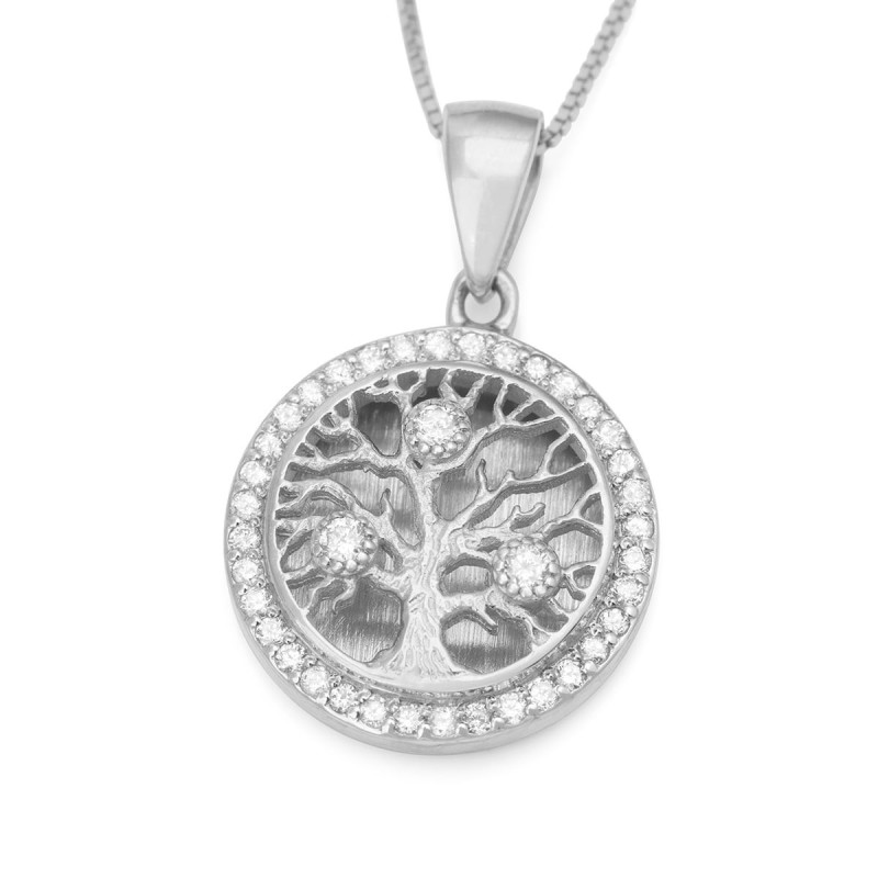 Collier à pendentif arbre de vie rond en or 14 carats avec diamants
