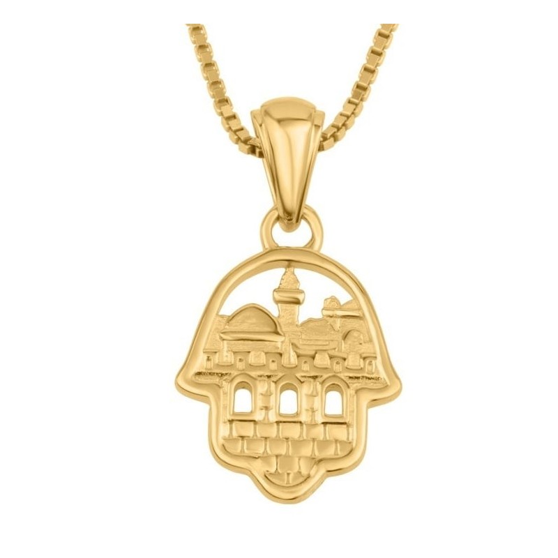 Collier avec pendentif Hamsa en or 14 carats pour femme avec vue sur Jérusalem