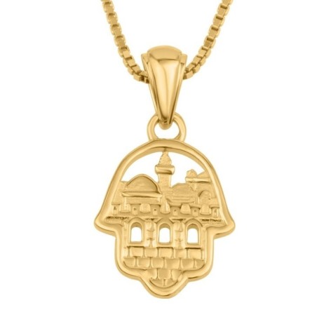 Collier avec pendentif Hamsa en or 14 carats pour femme avec vue sur Jérusalem