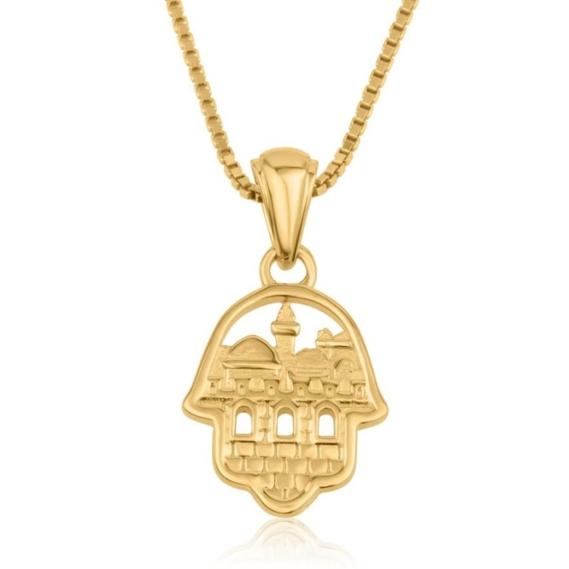 Collier avec pendentif Hamsa en or 14 carats pour femme avec vue sur Jérusalem