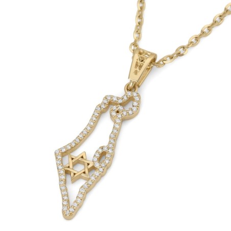 Pendentif contour de la terre d'Israël serti de diamants en or 14 carats avec St