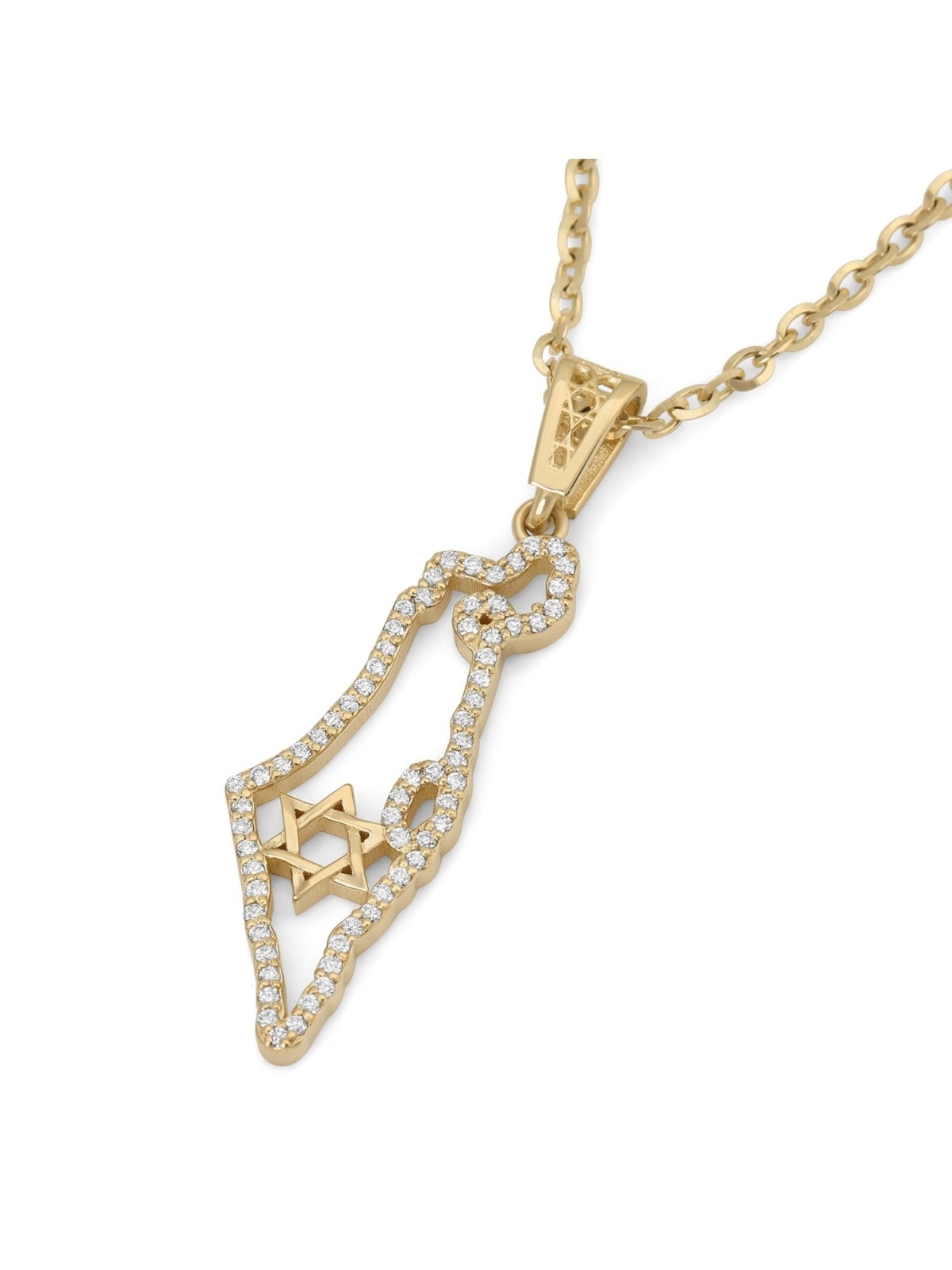 14K Gold Diamond-Studded Outline of the Land of Israel Pendant with St